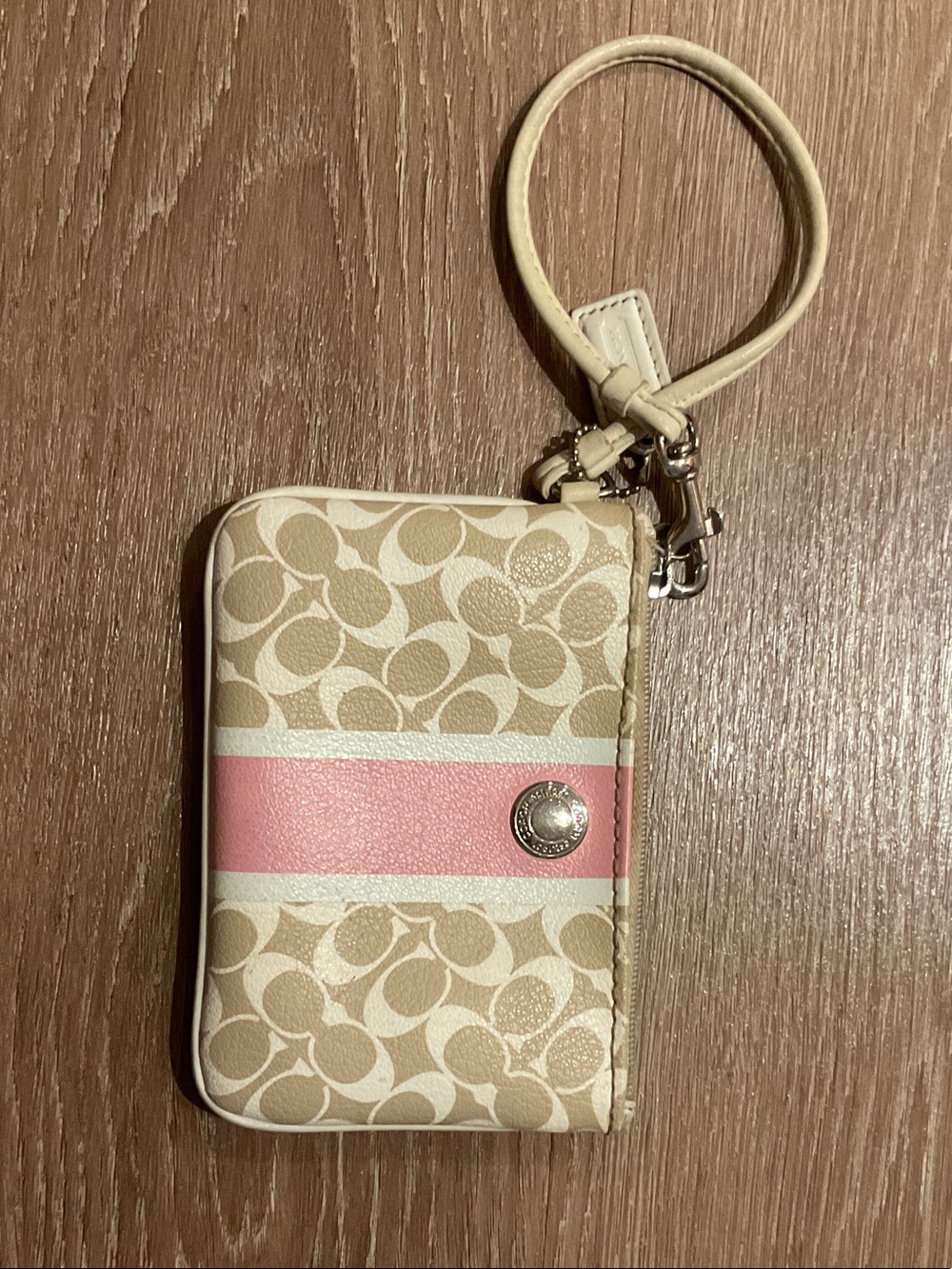 Coach Beige Signature Coated Canvas Wristlet with Pink Stripe